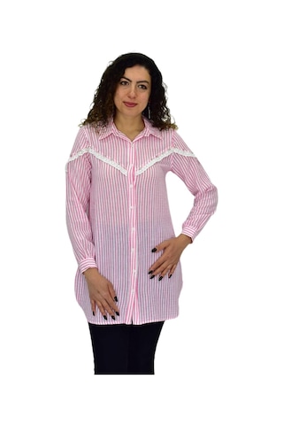 Kadın Çizğili Keten Gömlek Bgl-st03706 Pembe