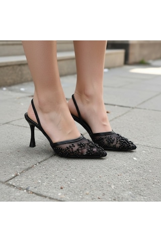 Lebibe Shoes Meggıe Kadın Siyah Sivri Burun 7 Cm Topuklu Tül Üzerine İnci İşlemeli Slingback Ayakkabı
