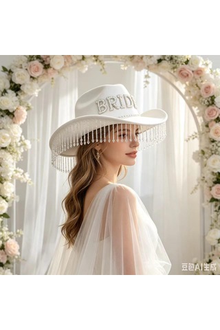 Valkyrie Bride Yazılı Beyaz Gelin Kovboy Şapkası Taşlı İncili Püsküllü Bekarlığa Veda Düğün Aksesuarı
