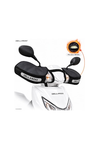 Dellardo Pro Peluşlu Scooter - Cub Motosiklet El Koruma Kılıfı - Reflektörlü Kışlık El Mufu, Su Rüzgar Geçirmez Siyah
