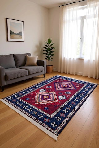 Blghome Geleneksel Motifli Modern Halı Dekoratif Kilim Kırmızı - Mavi