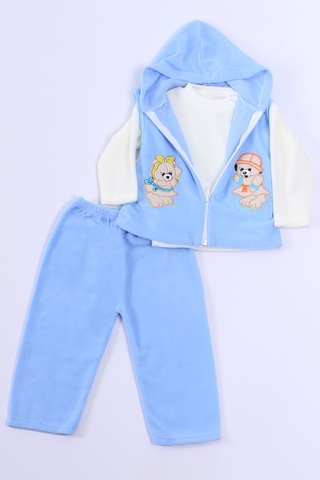 Bebek Polar 3lü Takım Kapşonlu Fermuarlı Nakışlı C23 mavi