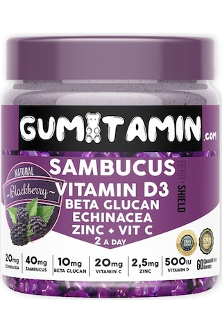 Gumitamin Sambucus Multivitamin Karamürver, Vitamin C+d3, Çinko, Beta Glukan Doğal Böğürtlen Aromalı
