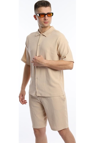 Polo State Erkek Crinkle Kumaş Gömlek - Şort Takım - Bej