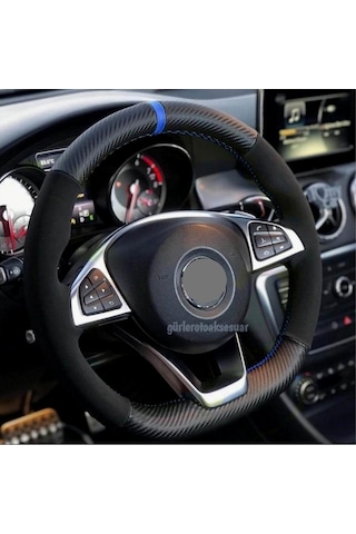 Volkswagen Polo (2014-2018) Dikmeli Direksiyon Kılıfı Carbon Desenli-alkantra Mavi