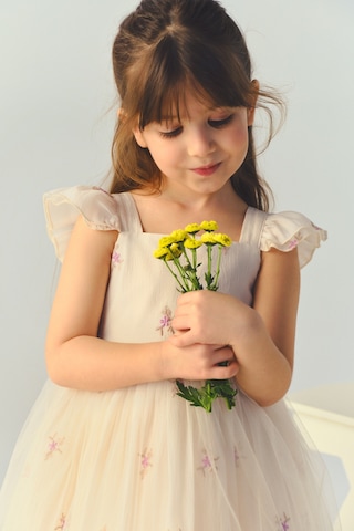 Panço Kız Bebek / Çocuk Çiçek Desenli Tül Ekru Abiye Elbise 2611gb94021 Krem