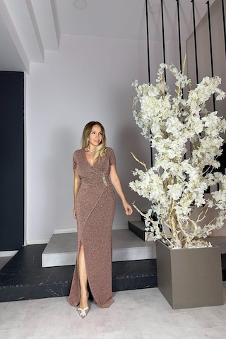 Ges Moda G1125 Taş Detaylı Maksi Abiye Elbise Bronz-bronz Bronz