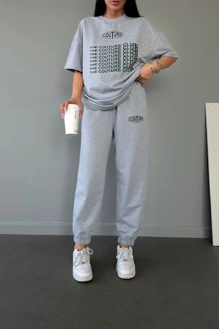 Couture Club T-shirt Eşofman Altı Jogger- Gri Baskılı Alt Üst Eşofman Takım Oversize Bisiklet Yaka Gri-32039
