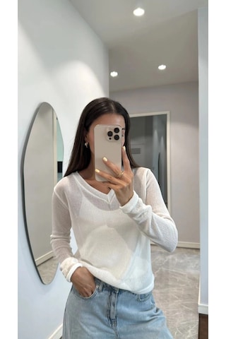 Wear Vexel Kadın V Yaka Uzun Kollu Triko İnce Bluz - Beyaz Çok Renkli