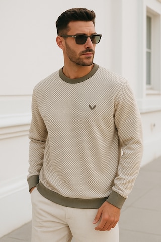 Rich Erkek Bej Kare Desenli Bisiklet Yaka Sweatshirt Bej