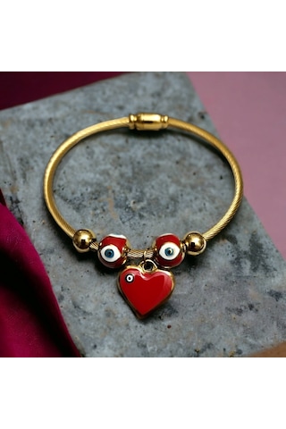 Bayan Çelik Kalp Nazar Boncuklu Gold Renk Kararmaz Mıknatıslı Kadın Bileklik Çelik