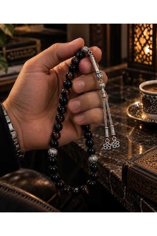 Gümüş Renk Püsküllü 33'lü Siyah Akik Taşı Tespih - Şık Ve Hediyelik Doğal Taş Tesbih Modeli Kahverengi - Siyah