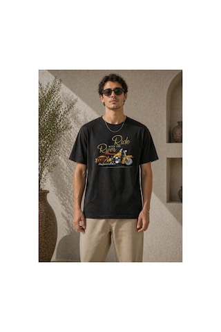 Butik İstanbul Erkek Motosiklet Baskılı Tişört Bisiklet Yaka Kısa Kol Yazlık T-shirt - Siyah