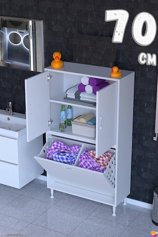 Deniz Kirli Sepetli Ve Kapaklı Raflı, Çok Amaçlı Banyo Dolabı - 70 X 138 X 32,5 Cm 70 Cm