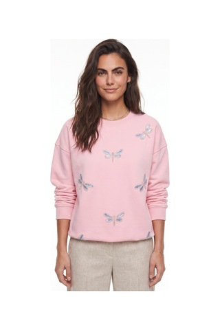 Onloox Kadın Şeker Pembe Şeker Pembe Pamuklu Bisiklet Yaka Relaxed Yusufcuk Taş İşlemeli Sweatshirt T-shirt