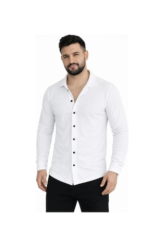 Etiler Collection Erkek Waffle Kumaş Uzun Kollu Düğmeli Açık Yaka Regular Fit Gömlek - Beyaz