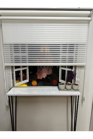 Çizgili Çift Mekanizmalı Tül Ve Stor Perde - Model 1 Beyaz