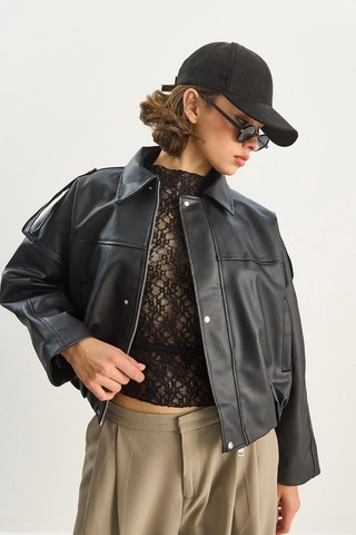 Shade Kadın Apolet Detaylı Cepli Oversize Suni Deri Bomber Ceket 1055 60283650 - Siyah