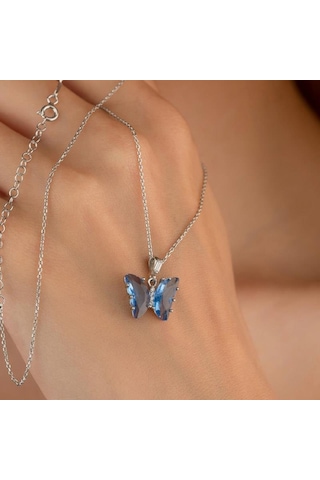 Gümüş Pazarım Mavi Taşlı Kelebek Motifli Gümüş Kolye 550452937