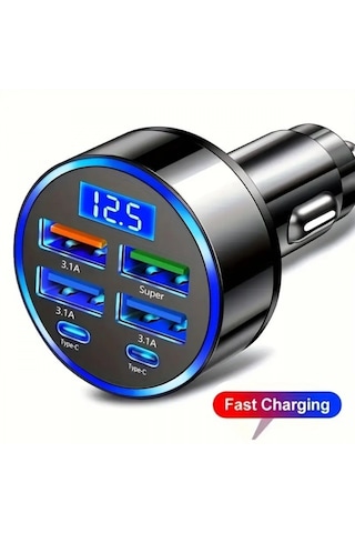 Araç Hızlı Şarj Cihazı Dijital Göstergeli Type-c Usb Hızlı Şarj Aleti 6 Portlu Siyah