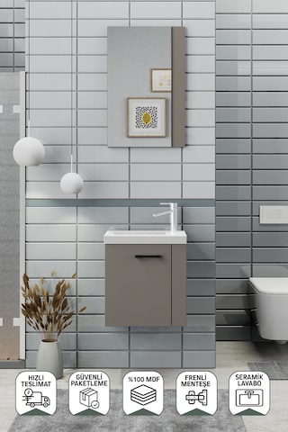 Biani Minila 45 cm Banyo Dolabı,Seramik Lavabolu, Aynalı,Lavabo Dahil,Mdf,Latte