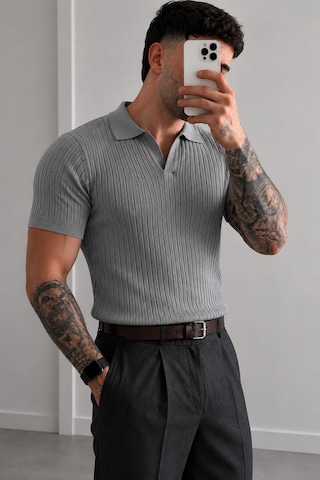 Tarz Cool Premium Fitilli Triko Polo Yaka Erkek Old Money T-shirt Gri