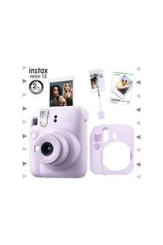Fujifilm Instax Mini 12 Lila Fotoğraf Makinesi-10'lu Film-kıskaçlı Resim Standı Ve Silikon Kılıf Seti