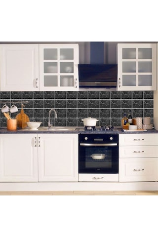 Mutfak Tezgah Arası Kendinden Yapışkanlı Folyo Kaplama Siyah Fayans Desen 60cmx100cm