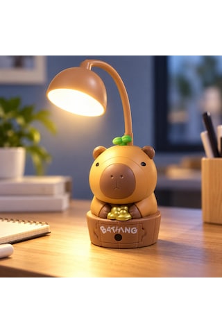 Kapibara Kalemtraşlı Şarjlı Led Masa Lambası, 2 Farklı Işık Modlu, 250 Mah Bataryalı, Esnek Boyunlu, Gizli Kalemtraşlı, Çocuk Odası Ve Masaüstü İçin Dekoratif Gece Lambası, Kml94 Kahverengi