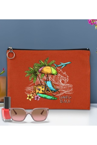Bk Gift Yaz Temalı-9 Astarlı Kiremit Portföy Çanta 30x21cm, Baskılı El Çantası, Organizer Çanta Çok Renkli