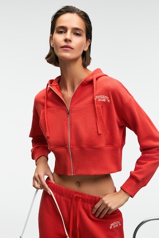 Grımelange Elara Kadın Metal Fermuarlı Nakışlı Kapüşonlu Crop Kırmızı Sweatshirt Kırmızı