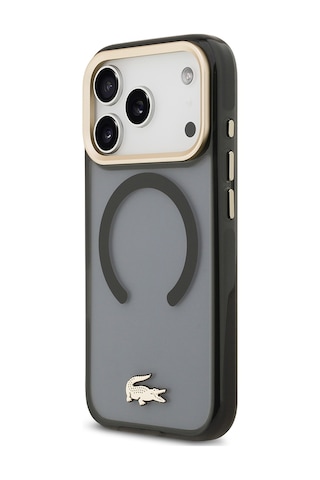 Apple Uyumlu iPhone 17 Pro Kılıf Lacoste Lisanslı M-safe Özellikli Gold Timsah Logolu Buzlu Kapak Siyah Siyah