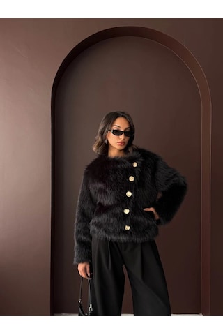 Kadın Vintage Peluş Tüylü Crop Ceket Altın Düğmeli Bisiklet Yaka Kışlık Şık Ceket Siyah