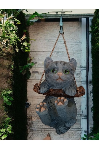 1 Adet Dekoratif Sallanan Duvar Ve Bahçe Süsü Kedi Gri