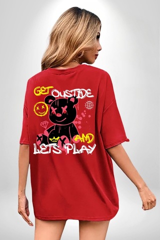 Dışarı Çık Ve Oynayalım Teddy Kırmızı Oversize Unisex Ön Ve Sırt Baskılı Tişört Kırmızı