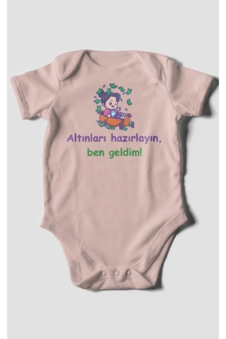Altınları Hazırlayın, Ben Geldim Baskılı Bebek Zıbını Çıtçıtlı Body %100 Pamuk Kısa Kol Pastel Pembe