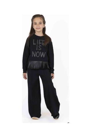 Kız Çocuk Püskül Deri Detaylı Sweatshirt-13504 Siyah