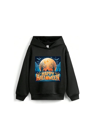 Stil X Halloween - Cadılar Bayramı Baskılı, Kapüşonlu Çocuk Sweatshırt, 3 İplik Şardonlu Siyah-4