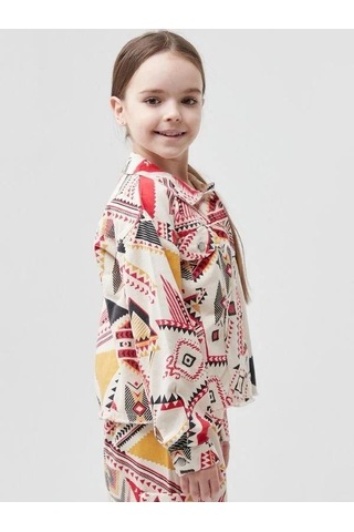 Kız Çocuk Etnik Desenli Tasarım Kot Ceket-13812 Kırmızı
