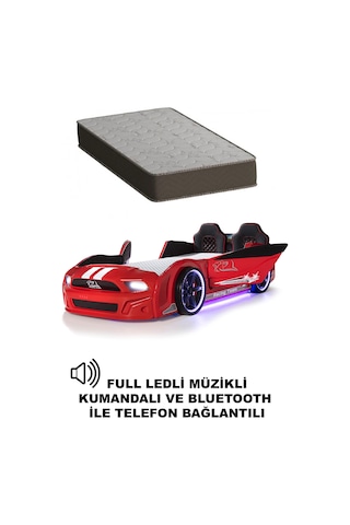 Kırmızı Arabalı Yatak Kapıları Açılan Mustang Full Ledli Kumandalı Ve Müzikli + Ortopedik Yatak
