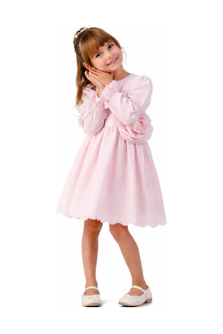 İrem Çocuk Giyim Kız Çocuk Çiçek Detaylı Balon Kol Model Etek Uçları Güpür Detaylı Astarlı Pembe Renk Midi Boy Elbise Pembe