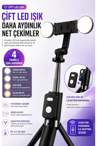 Mpıa Kumandalı Çift Led Işıklı Telefon Tutucu Tripod 360 Döner Ayarlanabilir Uzunluk Selfie Video Standı Siyah