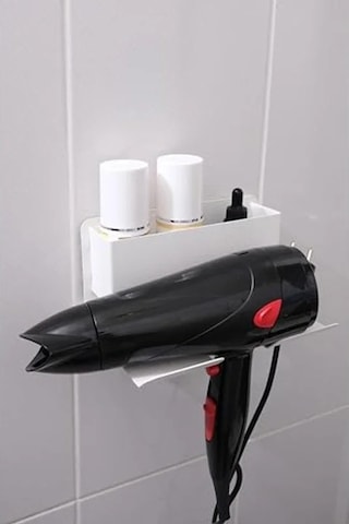 Beyaz Metal Yapışkanlı Saç Kurutma Askısı, Banyo Düzenleyici Organizer 50cm