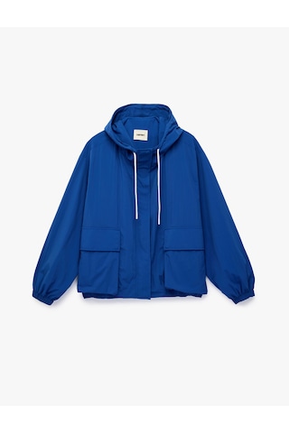 Koton Uzun Kollu Cepli Fermuarlı Kapüşonlu Oversize Yağmurluk Saks 6sak00073ew Saks Mavi