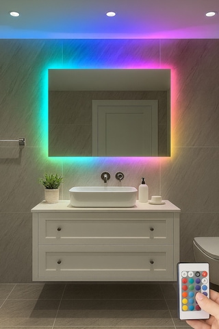 Digital Hayat Rgb Led Işıklı Dikdörtgen Ayna Dekoratif Banyo Makyaj Aynası Sınırsız Renk Çok Renkli