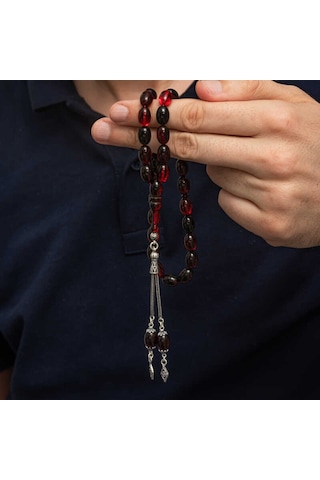 Gümüş Kırmızı Siyah Ateş Kehribar Tesbih Sl12595 Gümüş