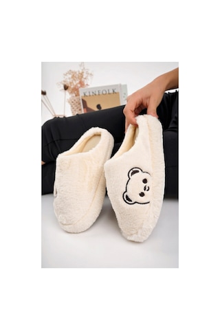 Modafocus Krem Tatlı Ayıcık Peluş Ev Terliği Sessiz Taban Kışlık Panduf Krem Krem