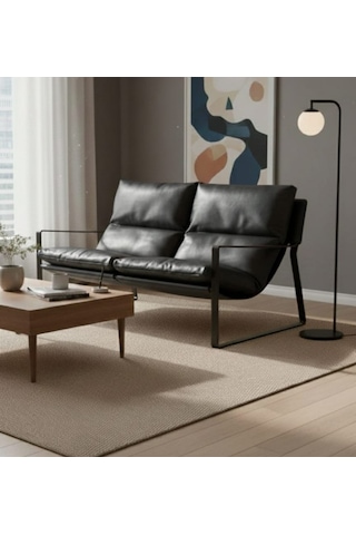 Sller Modern İkili Koltuk - Loft Tasarım Deri/kumaş Bahçe Ve Balkon Kanepesi - Metal İskeletli 130 Cm Siyah