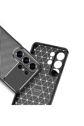 Samsung Uyumlu Galaxy S26 Ultra Kılıf Kamera Korumalı Darbe Emici Karbon Tasarım Silikon Kapak Siyah
