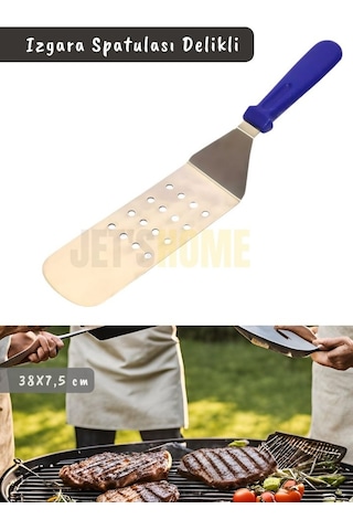 Barbekü Spatulası Paslanmaz Delikli Izgara Spatulası Çelik Hamburger Spatulası 38 Cm Metalik Gri